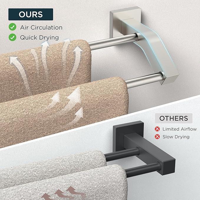 FORIOUS Double Towel Bar, 24 Inch Dual Towel Racks for Bathroom Wall Mounted, Thicken SUS304 Stainless Steel Bath Square Towel Rod Towel Holder Rail, Brushed Nickel - ModernBath