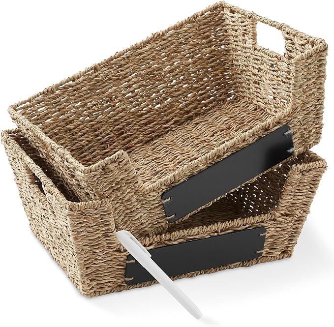 Casafield Set of 2 Seagrass Pantry Baskets with Handles, Chalkboard Labels and Marker - Natural, Wide Woven Storage Bin Organizers for Kitchen Shelves - ModernBath