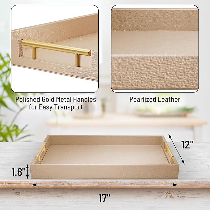 ATZYmolin 17" x 12" Wood Serving Tray with Gold Polished Metal Handles, Home Decorative Wooden Rectangle Ottoman Leather Decor Platter Bathroom Vanity Tray for All Occasions Khaki - ModernBath