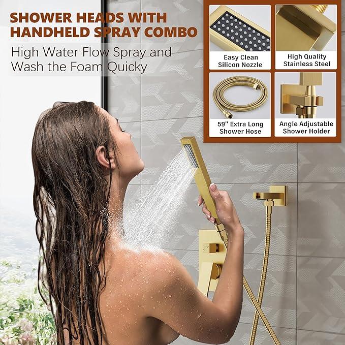 Kurpot Gold Shower System, 10'' Square Rainfall Shower Head with Handheld Combo Spray, Bathroom Brushed Gold Shower Faucet Set with Valve, 59'' Shower Hose, Shower Trim Kit and Diverter, Wall Mounted - ModernBath