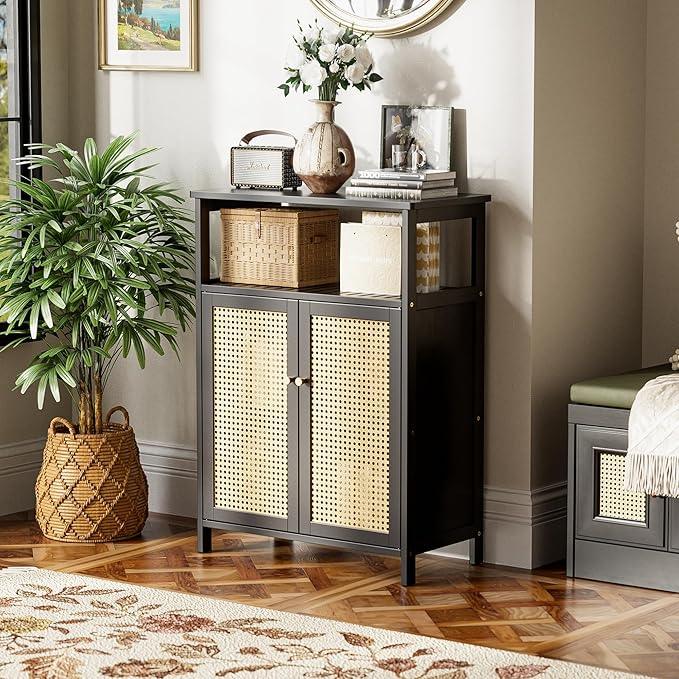 HITNET Bamboo Floor Cabinet, Bathroom Storage Cabinet with 2 Rattan Doors and Shelves, Space Saving Freestanding Kitchen Cupboard, Black - ModernBath
