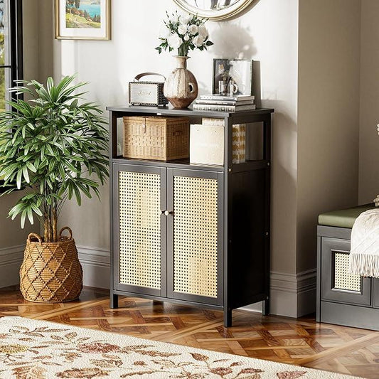 HITNET Bamboo Floor Cabinet, Bathroom Storage Cabinet with 2 Rattan Doors and Shelves, Space Saving Freestanding Kitchen Cupboard, Black - ModernBath