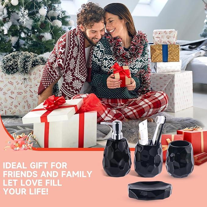 Ceramic Bathroom Accessories Set 4 PCS,Bathroom Toothbrush Holder Set,Soap and Toothbrush Holder Set,Include Toothbrush Holder,Soap Dispenser,Soap Dish,Tumbler,Bathroom Sets Decor Organizer (Black) - ModernBath