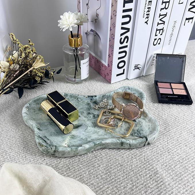 WneFu Choiziic Natural Decorative Tray, Cloud Shape, 9.8x6.1x0.62 Inches, Modern Style, Polished Finish, Bathroom Kitchen Counter Vanity Organizer with Anti-Slip Mad (Green-Marble-P) - ModernBath