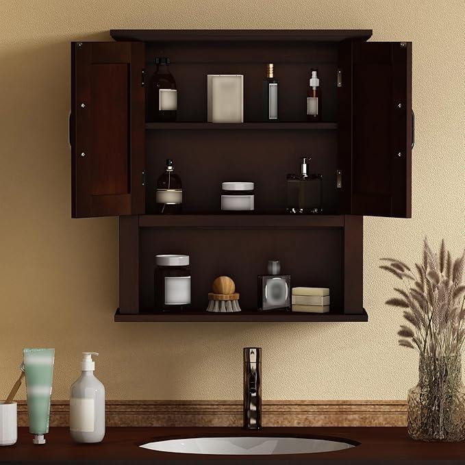ChooChoo Wood Wall Cabinet with Doors, Medicine Cabinet with Adjustable Shelves Over The Toilet, Rustic Cabinet Wall Mounted for Bathroom, Kitchen, Living Room, Dark Cherry - ModernBath