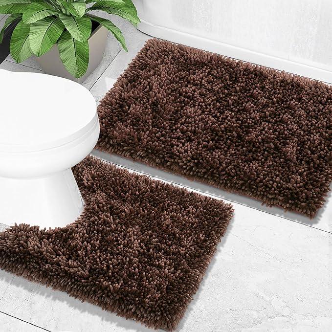Yimobra Bathroom Rugs Sets 2 Piece, Soft Absorbent Bath Mat and U-Shaped Toilet Rug with Non Slip Backing, Luxury Shaggy Bath Mats for Bathroom, Machine Washable, 31.5"x20"+24"x20", Brown - ModernBath