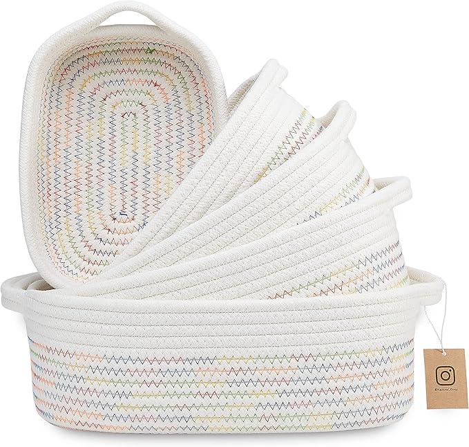 NaturalCozy 5-Piece Rectangle Storage Basket Set- Natural Cotton Rope Woven Baskets for Organizing! Small Basket for Montessori, Baby Nursery, Dog Toy Baskets, Cat Toy Box, Bathroom Organization Bin - ModernBath