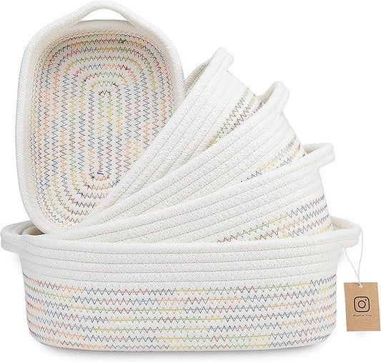 NaturalCozy 5-Piece Rectangle Storage Basket Set- Natural Cotton Rope Woven Baskets for Organizing! Small Basket for Montessori, Baby Nursery, Dog Toy Baskets, Cat Toy Box, Bathroom Organization Bin - ModernBath