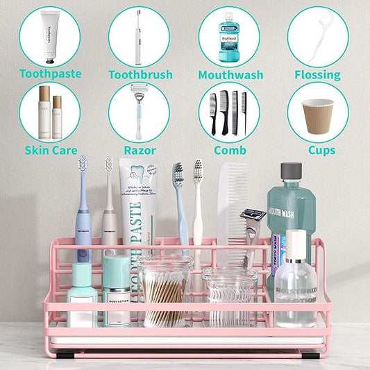 HapiRm Toothbrush Holders for Bathroom - 5 Partitions Bathroom Counter Organizer with Instant Drying Stone, Stainless Steel Countertop Storage Electric Toothbrush Toothpaste Holder - Pink - ModernBath