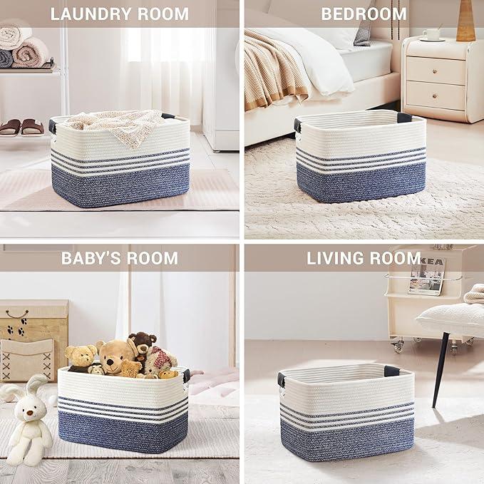60L Large Laundry Basket with Leather Handles for Living Room Storage, Woven Rope Baskets Bin for Blanket, Kids Toy, Gifts, Wicker Hamper for Bedroom Dirty Clothes, 21"x15"x11" Denim Blue - ModernBath