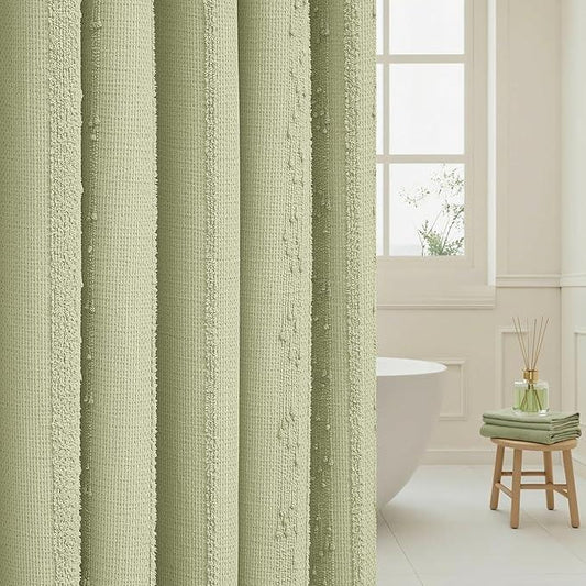 Lameirose Sage Green Shower Curtain Boho, Cotton Blend Waffle Shower Curtain Farmhouse, Fabric Shower Curtains for Bathroom, Hotel, Washable 72 x 72 - ModernBath