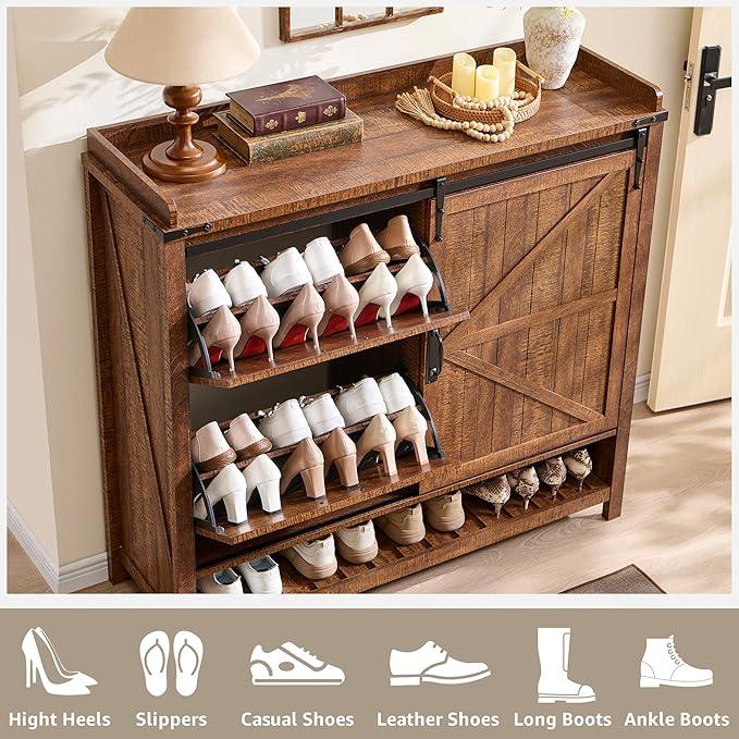 OKD Shoe Storage Cabinet with 2 Flip Drawers & Sliding Door, Farmhouse Entryway Shoe Organizer, Freestanding Rustic Hidden Shoe Rack Cabinet for Entryway, Reclaimed Barnwood - ModernBath