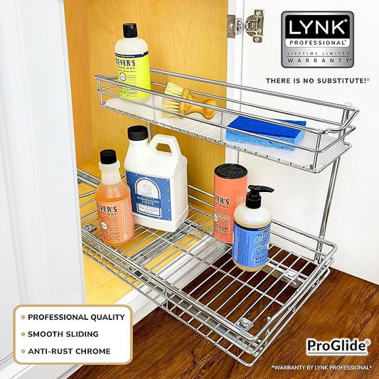 LYNK PROFESSIONAL® Pull Out Under Sink Kitchen Cabinet Organizer - 11.5 in. x 18 inch deep Drawer - Sliding Shelf Organizer for Cabinets and Undersink Storage Shelves - Lifetime Ltd. Warranty – Chrome - ModernBath
