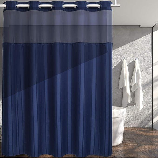 Extra Long No Hook Waffle Weave Shower Curtain with Snap in Liner Set, Hotel Luxury Dark Blue Shower Curtains for Bathroom with See Through Top Window, Waterproof, Washable 71W x 84H Stripe - ModernBath