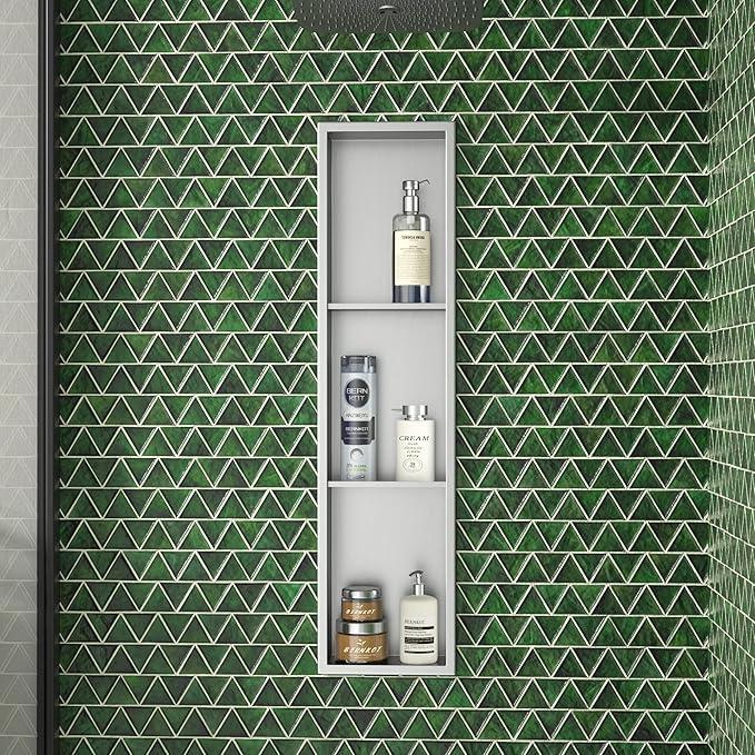 Stainless Steel Shower Niche 8"×36" with 3-Tier Shelves Brushed No Tiled Needed Niche Shower for Bathroom Wall Recessed Shower Shelf for Storage - ModernBath