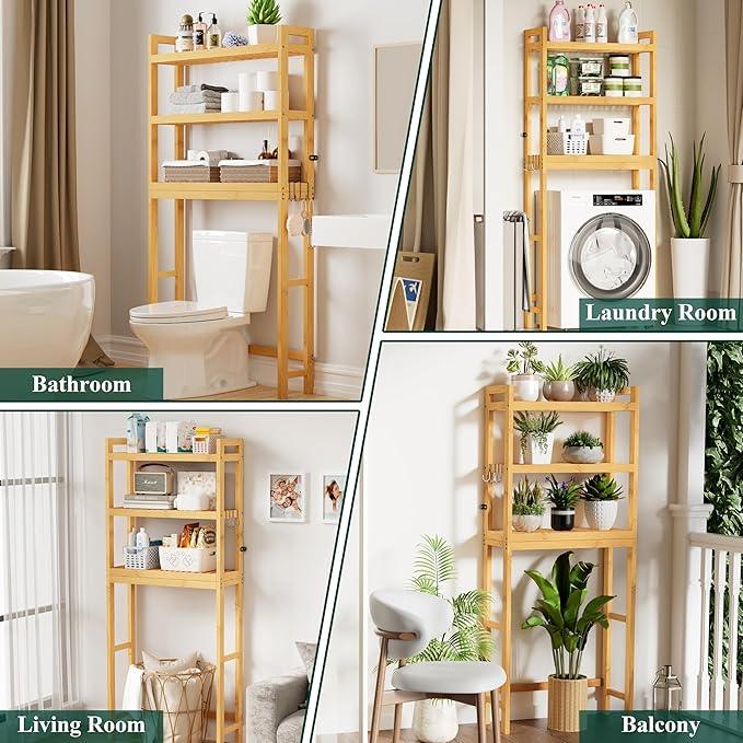 Smiry Over The Toilet Storage Cabinet, 3-Tier Bamboo Bathroom Organizers with Adjustable Shelf & 4 Hooks, Space Saving Shelf Rack for Bathrooms, Laundry Room, Balcony, Natural - ModernBath