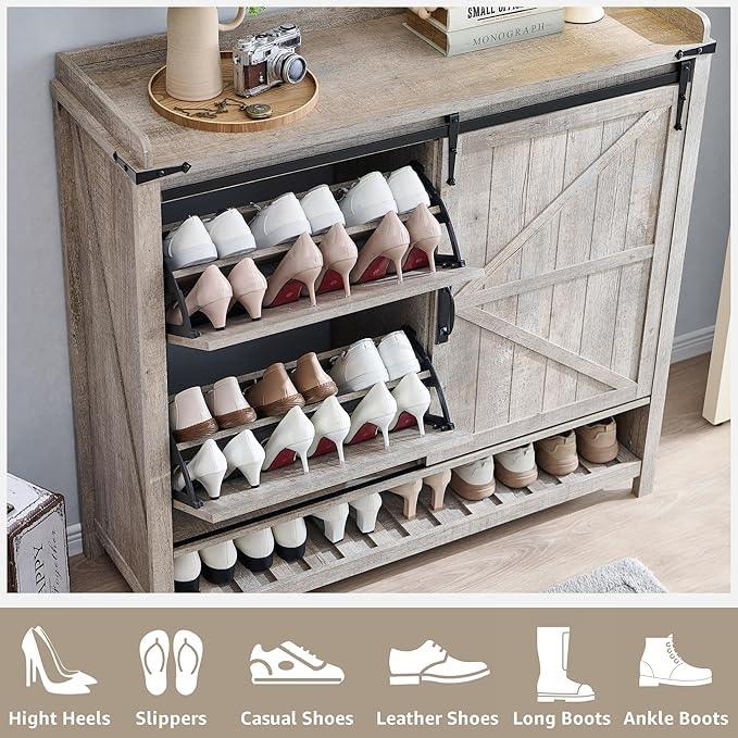 OKD Shoe Storage Cabinet with 2 Flip Drawers & Sliding Door, Farmhouse Entryway Shoe Organizer, Freestanding Rustic Hidden Shoe Rack Cabinet for Entryway, Light Rustic Oak - ModernBath
