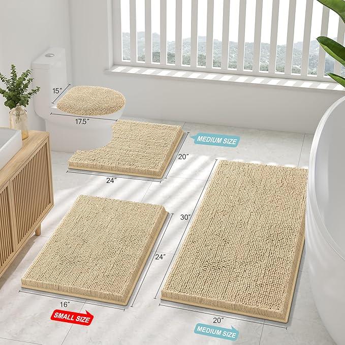 Smiry Luxury Chenille Toilet Rugs U-Shaped 24x24, Soft Absorbent Non-Slip Contour Bathroom Rugs for Toilet, Machine Washable Contoured Bath Mats, Beige - ModernBath