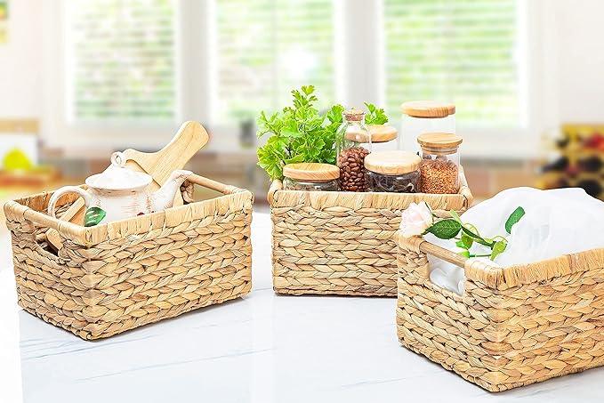 Natural Water Hyacinth storage basket with Handle, Rectangular Organizing Basket for Organizing, Decorative Wicker Storage Bins for Living Room, Medium Wicker Baskets - 3 Pack Medium - ModernBath