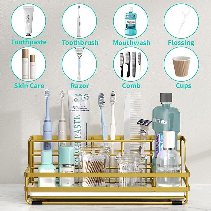 HapiRm Toothbrush Holders for Bathroom - 5 Partitions Bathroom Counter Organizer with Instant Drying Stone, Stainless Steel Countertop Storage Electric Toothbrush Toothpaste Holder - Gold - ModernBath