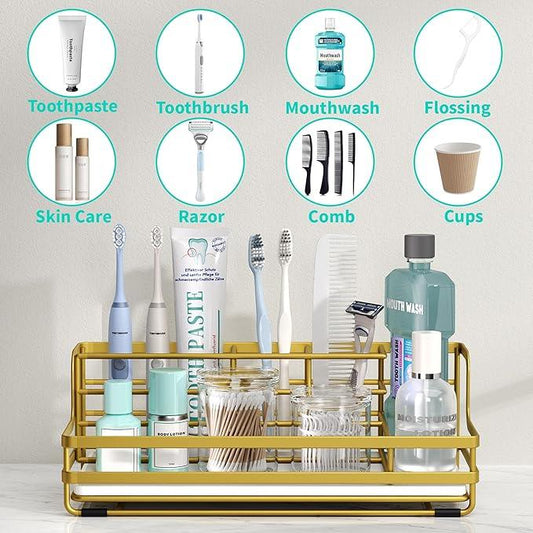 HapiRm Toothbrush Holders for Bathroom - 5 Partitions Bathroom Counter Organizer with Instant Drying Stone, Stainless Steel Countertop Storage Electric Toothbrush Toothpaste Holder - Gold - ModernBath