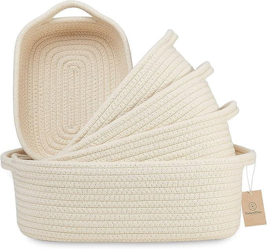 NaturalCozy 5-Piece Rectangle Storage Basket Set- Natural Cotton Rope Woven Baskets for Organizing! Small Basket for Montessori, Baby Nursery, Dog Toy Baskets, Cat Toy Box, Bathroom Organization Bin - ModernBath