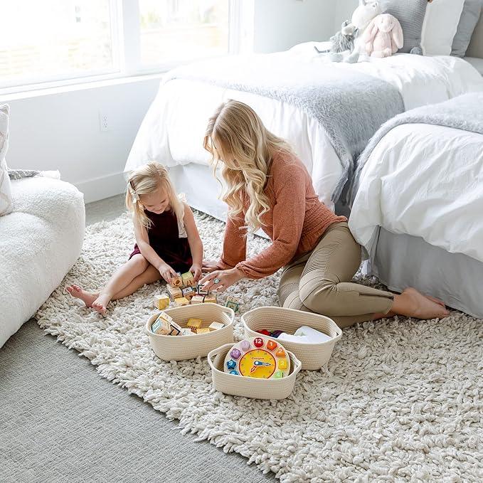 NaturalCozy 5-Piece Rectangle Storage Basket Set- Natural Cotton Rope Woven Baskets for Organizing! Small Basket for Montessori, Baby Nursery, Dog Toy Baskets, Cat Toy Box, Bathroom Organization Bin - ModernBath
