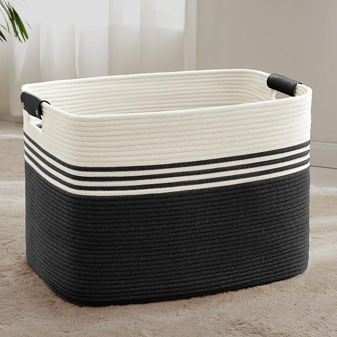 100L Extra Large Laundry Basket with Leather Handles for Living Room Storage, Woven Rope Baskets for Blanket, Kids Toy, Gifts, Wicker Hamper for Bedroom Dirty Clothes, 24"x16"x16" White Black - ModernBath