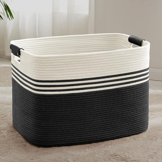 100L Extra Large Laundry Basket with Leather Handles for Living Room Storage, Woven Rope Baskets for Blanket, Kids Toy, Gifts, Wicker Hamper for Bedroom Dirty Clothes, 24"x16"x16" White Black - ModernBath