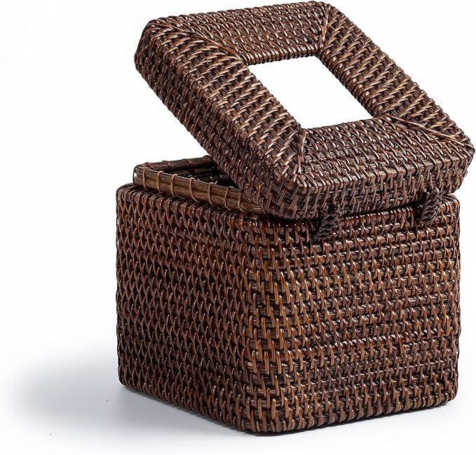 Rattan Square Tissue Box Cover- 5.7" x 5.7" x 5"-Decorative Woven Facial Tissue Holder with Hinged Top Lid- Facial Box for Home, Office,Bathrooms, Decoration (Coffee) - ModernBath