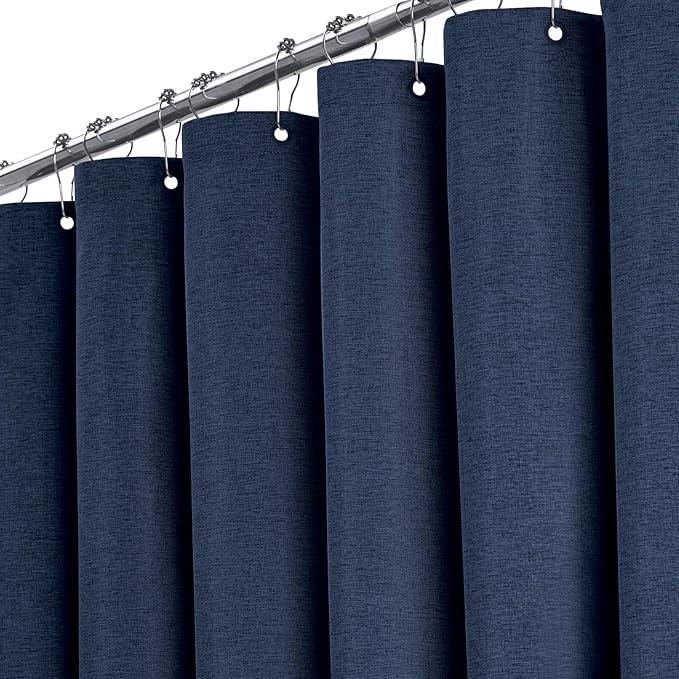 BTTN Long Fabric Shower Curtain - 72x80 Inch Linen Textured Heavy Duty Polyester Cloth Shower Curtain Set with 12 Plastic Hooks, Hotel Luxury Waterproof Modern Shower Curtains for Bathroom, Navy Blue - ModernBath