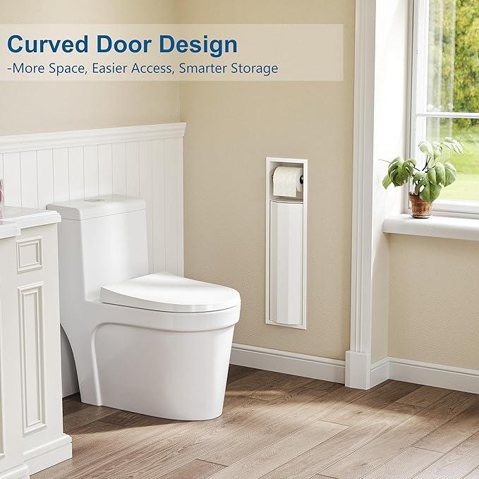 Neodrain Recessed Toilet Paper Holder, White Toilet Tissue Holder with Curved Door, 304 Stainless Steel Bathroom Storage Cabinet for Toilet Paper Roll, Perfect Depth for Amarica Drywall - ModernBath