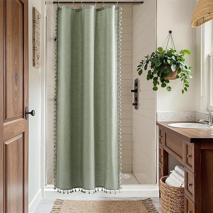 Nanspring Stall Sage Green Boho Linen Shower Curtain 36 Inch Textured Farmhouse Fabric Tassel Shower Curtain Set with Hooks Vintage Rustic Small Bath Curtains for RV Camper Bathroom 36x72, Green - ModernBath