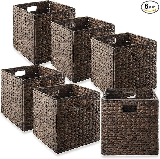 Casafield 12" x 12" Water Hyacinth Storage Baskets, Espresso - Set of 6 Collapsible Cube Organizers, Woven Bins for Bathroom, Bedroom, Laundry, Pantry, Shelves - ModernBath