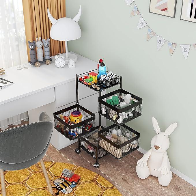 Rotating Kitchen Storage Rack，Bathroom Shelf，Kitchen Organization and Storage，Bathroom Storage Organizer，Fruit Basket，Rolling Carts with Wheels(Black, 4 Tier-Square) - ModernBath