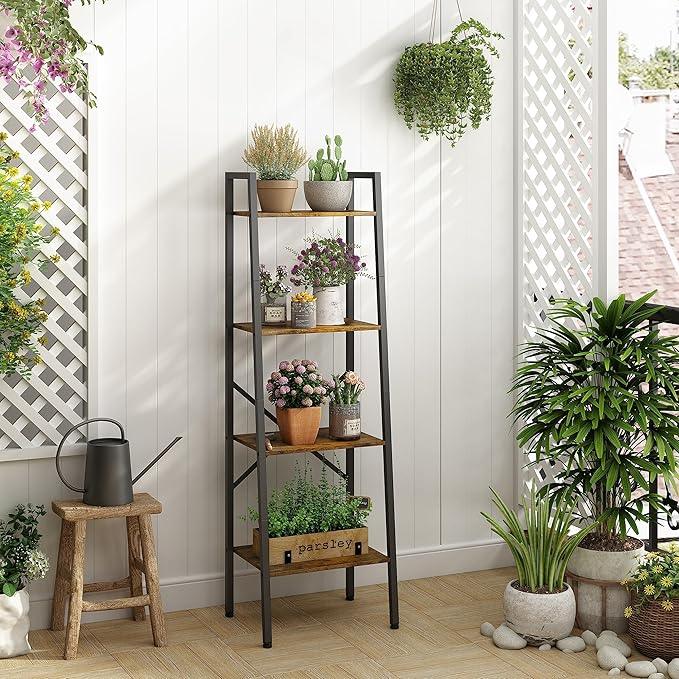 Hoctieon 4-Tier Industrial Ladder Bookshelf, Narrow Ladder Shelf, Tall Standing Bookshelf, Skinny Open Ladder Shelf, for Living Room, Home Office, Kitchen, Bedroom, Metal Frame, Rustic Brown - ModernBath