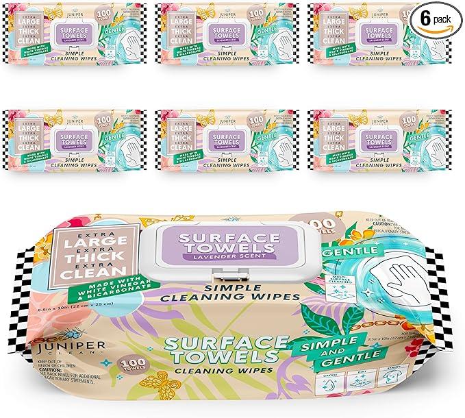 Juniper CLEAN 6 Packs Surface Cleaning Wipes Bleach Free, Thick & Large Dispose, All-Purpose Cleaner for Bathroom, Kitchen, Office, 600 Count Soft Flow, Biodegradable, Lavender Scent - ModernBath