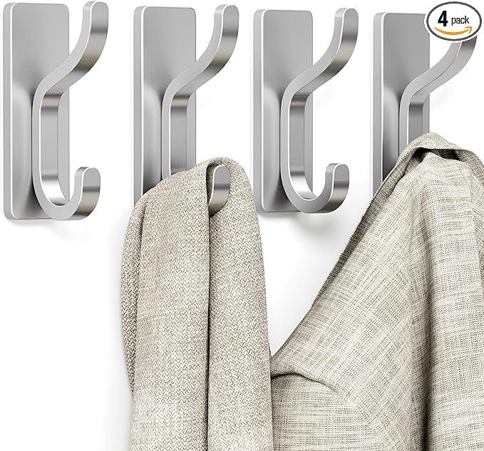 pickpiff Adhesive Wall Coat Hooks - Heavy Duty Stick-On Door Hanger, Metal Hook for Hanging Towel,Purse, Robe, Backpack, Jacket, Clothes - for Bathroom,Dorm, Closet, Kitchen - Silver, 4 Pack - ModernBath