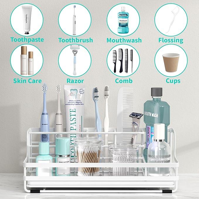 HapiRm Toothbrush Holders for Bathroom - 5 Partitions Bathroom Counter Organizer with Instant Drying Stone, Stainless Steel Countertop Storage Electric Toothbrush Toothpaste Holder - White - ModernBath