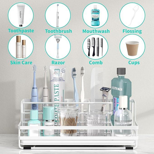 HapiRm Toothbrush Holders for Bathroom - 5 Partitions Bathroom Counter Organizer with Instant Drying Stone, Stainless Steel Countertop Storage Electric Toothbrush Toothpaste Holder - White - ModernBath