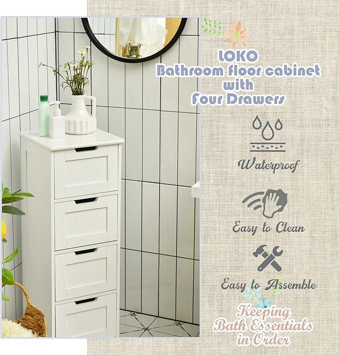 LOKO Floor Storage Cabinet with 4 Drawers, Bathroom Cabinet with Anti-toppling Device, Multifunctional Floor Cabinet for Bathroom, Living Room, Kitchen, 12 x 12 x 32 inches (White) - ModernBath