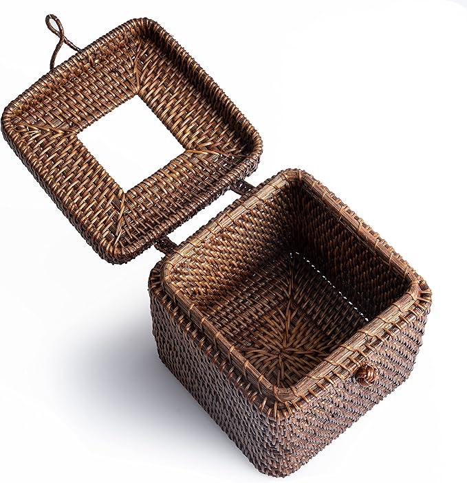 Rattan Square Tissue Box Cover- 5.7" x 5.7" x 5"-Decorative Woven Facial Tissue Holder with Hinged Top Lid- Facial Box for Home, Office,Bathrooms, Decoration (Coffee) - ModernBath