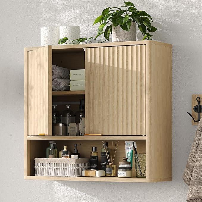 Furnideco Bathroom Medicine Cabinet with Fluted Doors, 3-Tier Modern Wall Cabinet Over Toilet, Small Hanging Storage Cabinet for Bathroom, Natural - ModernBath