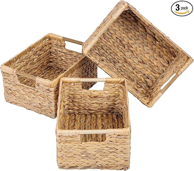 Large Wicker Basket Rectangular with Wooden Handles for Shelves, Water Hyacinth Basket Storage, Natural Baskets for Organizing, Wicker Baskets for Storage 14.5 x 10.3 x 7.5 inches - 3 Pack - ModernBath