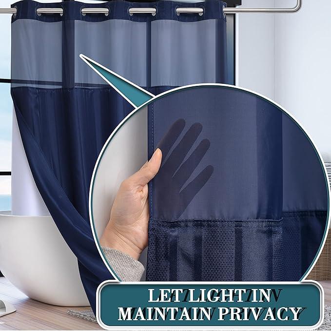Extra Long No Hook Waffle Weave Shower Curtain with Snap in Liner Set, Hotel Luxury Dark Blue Shower Curtains for Bathroom with See Through Top Window, Waterproof, Washable 71W x 84H Stripe - ModernBath