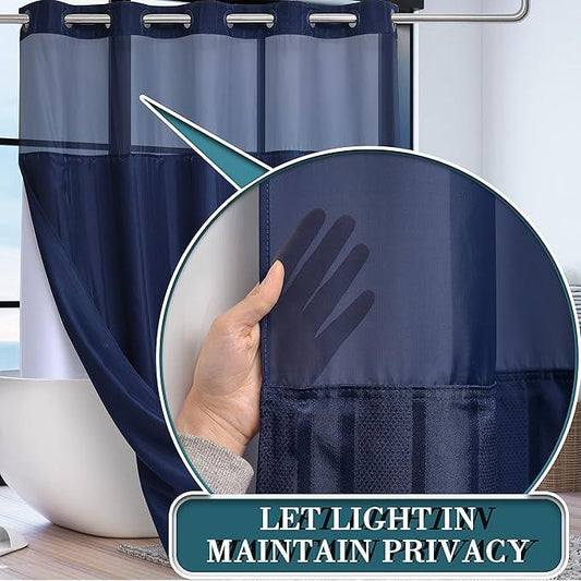 Extra Long No Hook Waffle Weave Shower Curtain with Snap in Liner Set, Hotel Luxury Dark Blue Shower Curtains for Bathroom with See Through Top Window, Waterproof, Washable 71W x 84H Stripe - ModernBath