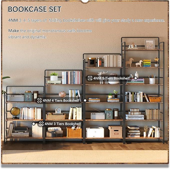 4NM No Assembly 6 Tiers Folding Bookshelf Storage Shelves Vintage Bookcase Standing Racks Study Organizer Home Office (Rustic Brown Black) - ModernBath