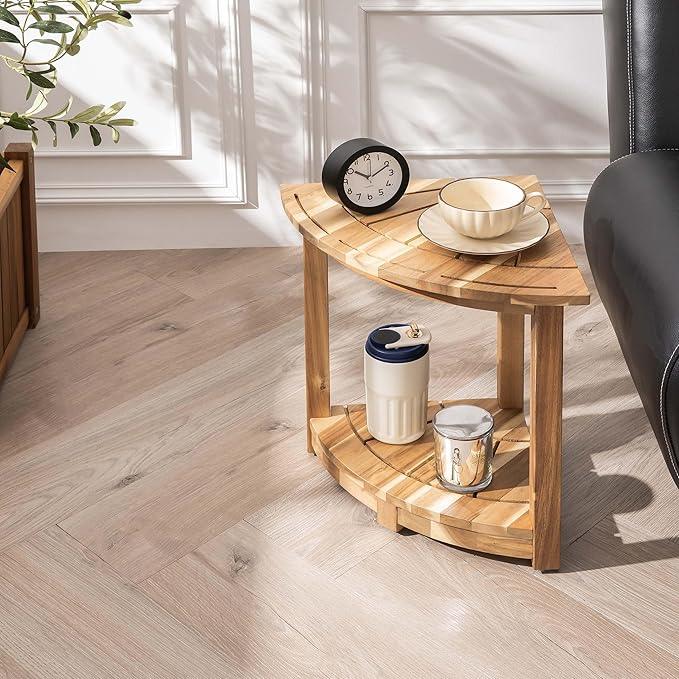 VICTORY RELAX Acacia Wood Corner Shower Stool - Waterproof Triangular Bathroom Bench with Storage Shelf & Soap Dish for Shaving, Light Natural Wood (17.9x12.7x16.5) - ModernBath
