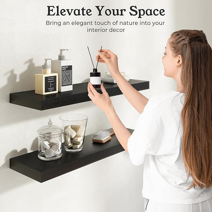 Floating Shelves for Wall, Wall Mounted Rustic Wood Shelves for Bathroom, Bedroom, Living Room, Kitchen, Hanging Shelf for Books/Storage/Room Decor (Black, 48") - ModernBath