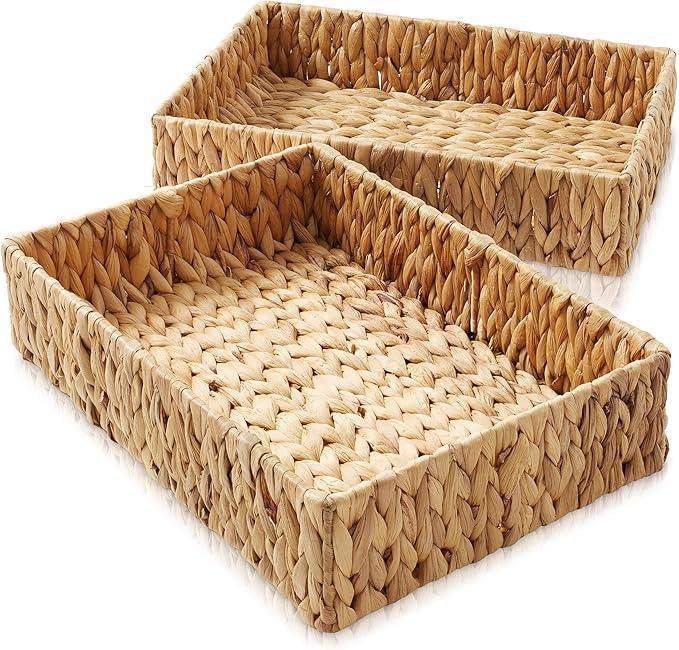 Casafield Set of 2 Bathroom Storage Baskets, Natural - Water Hyacinth, 15.75" W x 11.25" D x 3.25" H, Woven Toilet Tank Topper Bins for Organizing Tissues, Toilet Paper, Toiletries, Shelves - ModernBath